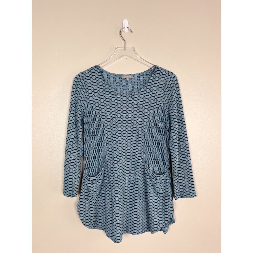 Habitat Blue Textured 3/4 Sleeve Shirt Pockets Stretch Scoop Neck Size Small